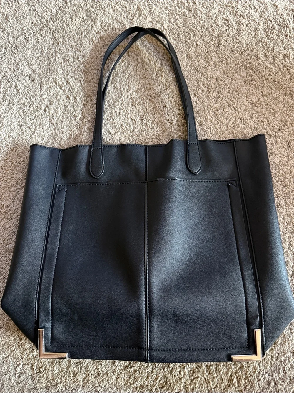 Steve Madden Black Leather Tote with Gold Corner Accents